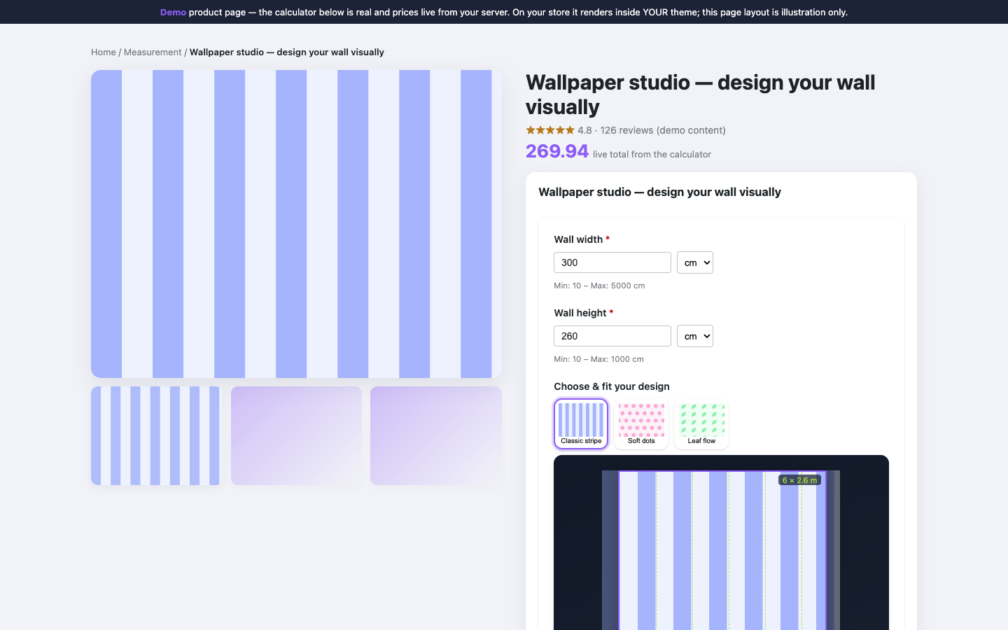 A wallpaper product page built with MetriPrice: visual design editor and a live server-priced total