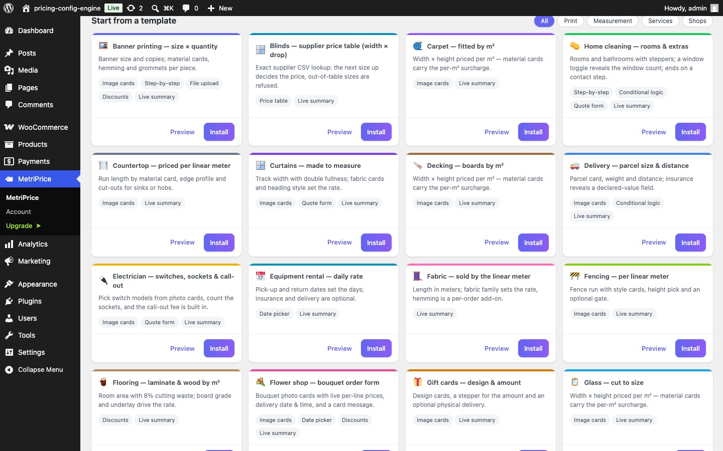 MetriPrice template gallery with category filters, preview and one-click install
