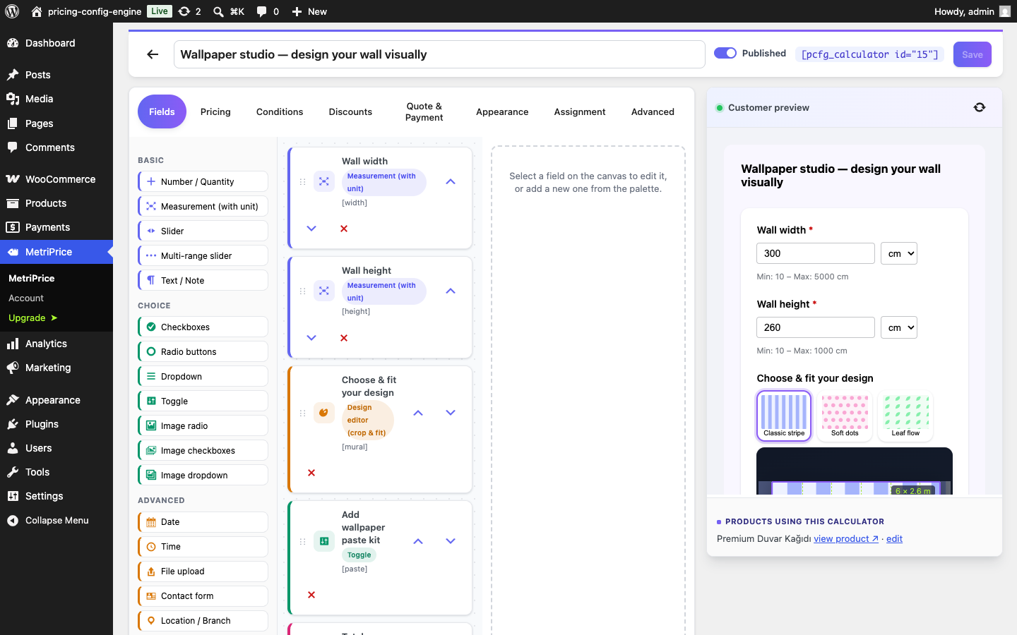 MetriPrice visual builder with palette, canvas and live customer preview