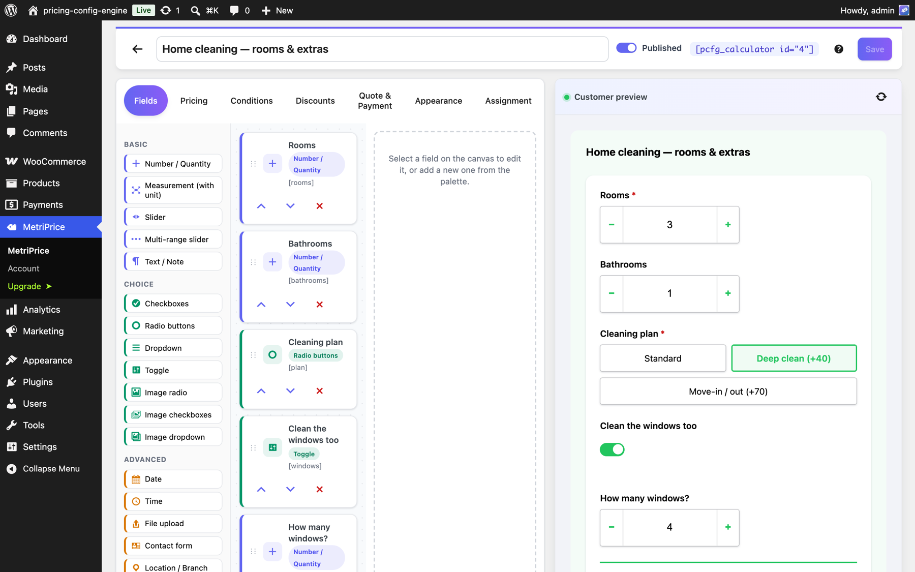 MetriPrice visual builder with palette, canvas, inspector and live customer preview