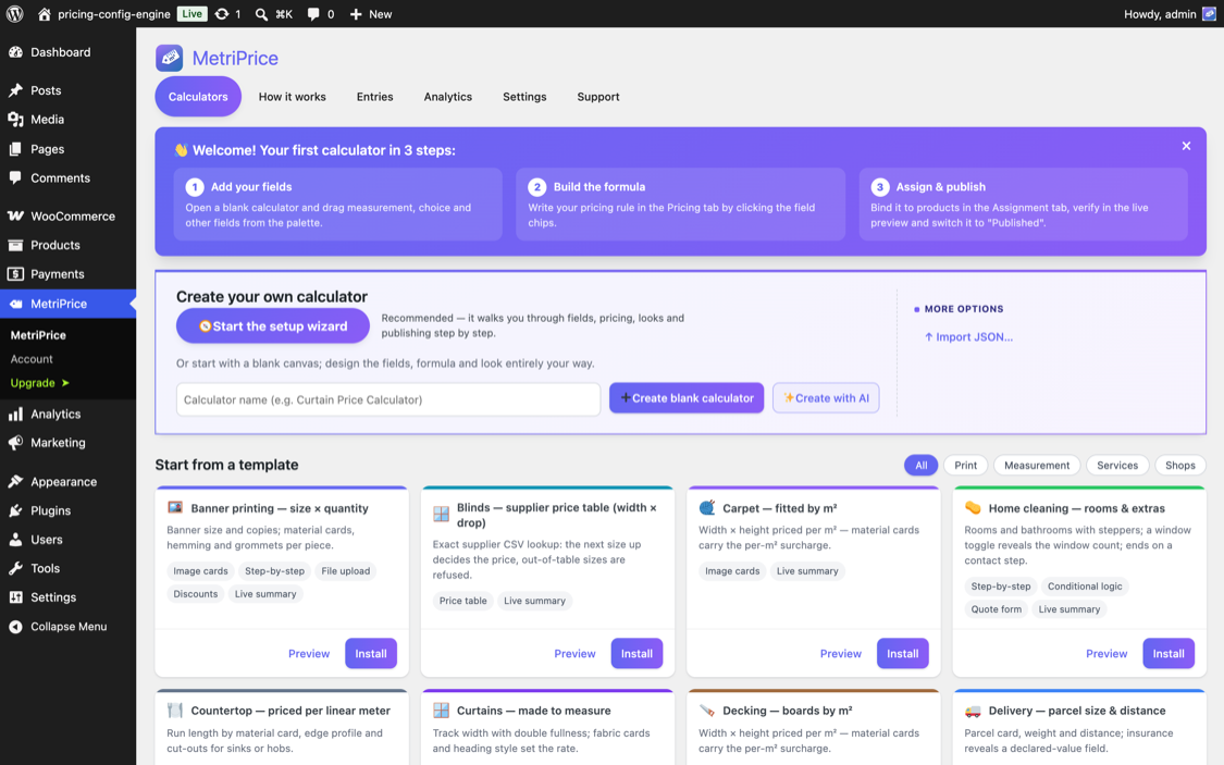 MetriPrice template gallery with category filters, feature badges, preview and one-click install