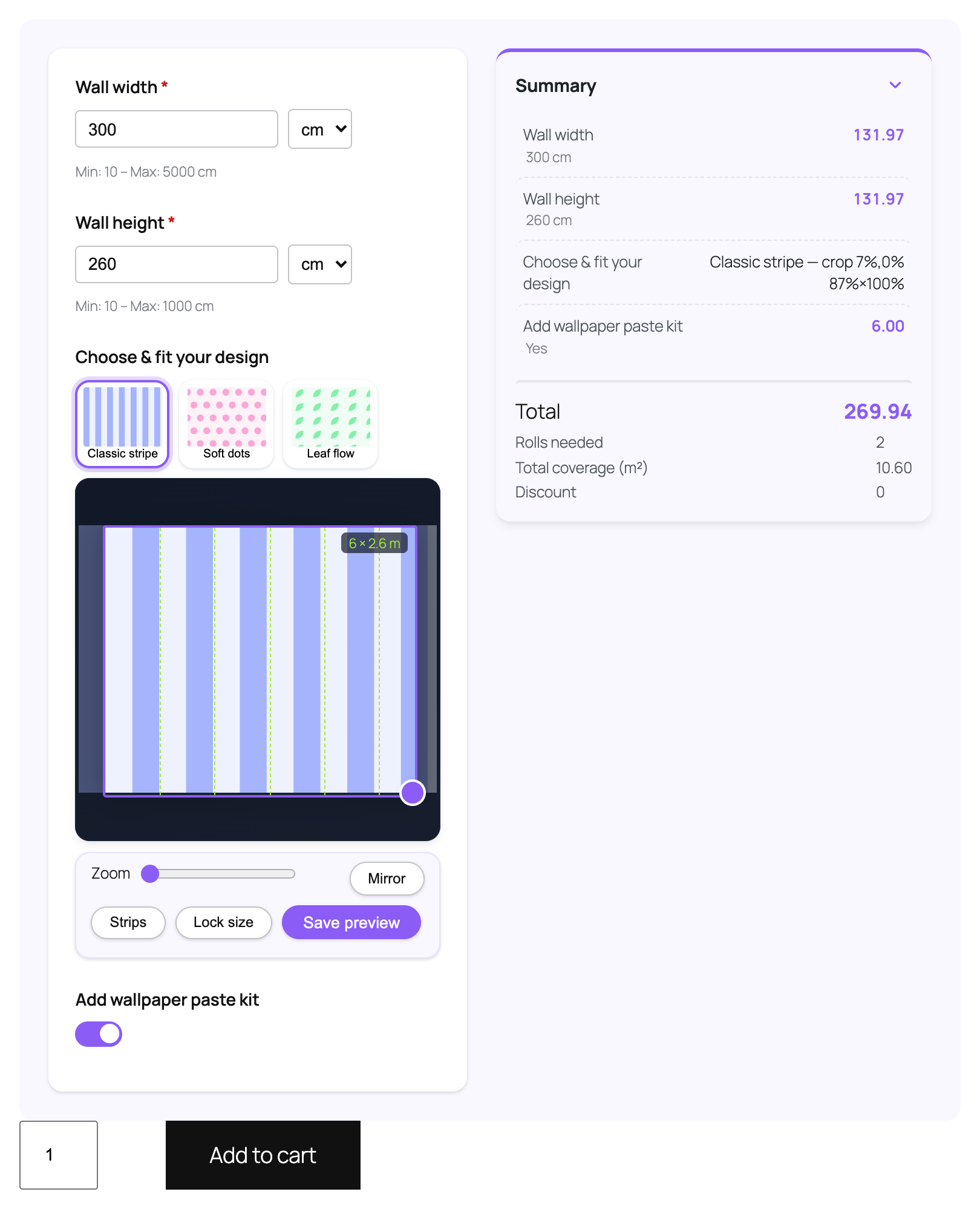 A wallpaper product page built with MetriPrice: measurement inputs, visual design editor with roll-strip guides and a live server-priced receipt