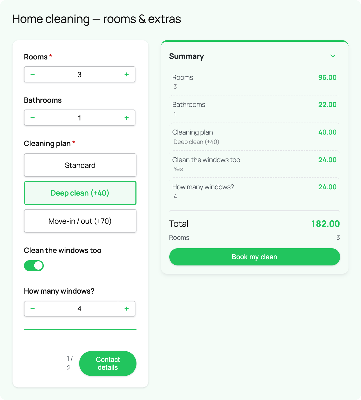 A cleaning-service calculator with steppers, plan pills and a live receipt summary totalling $182