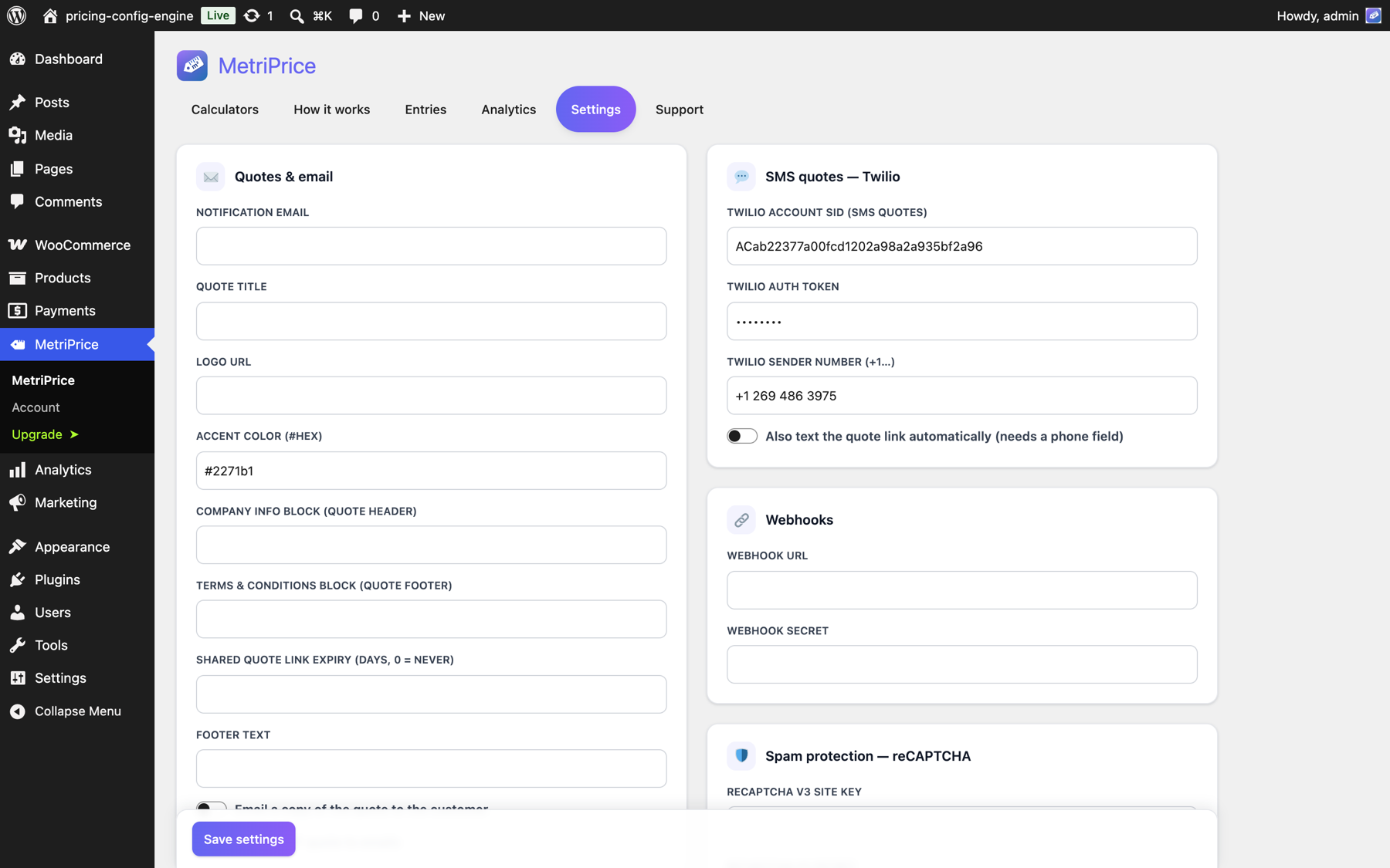 MetriPrice settings grouped into feature cards with a sticky save bar