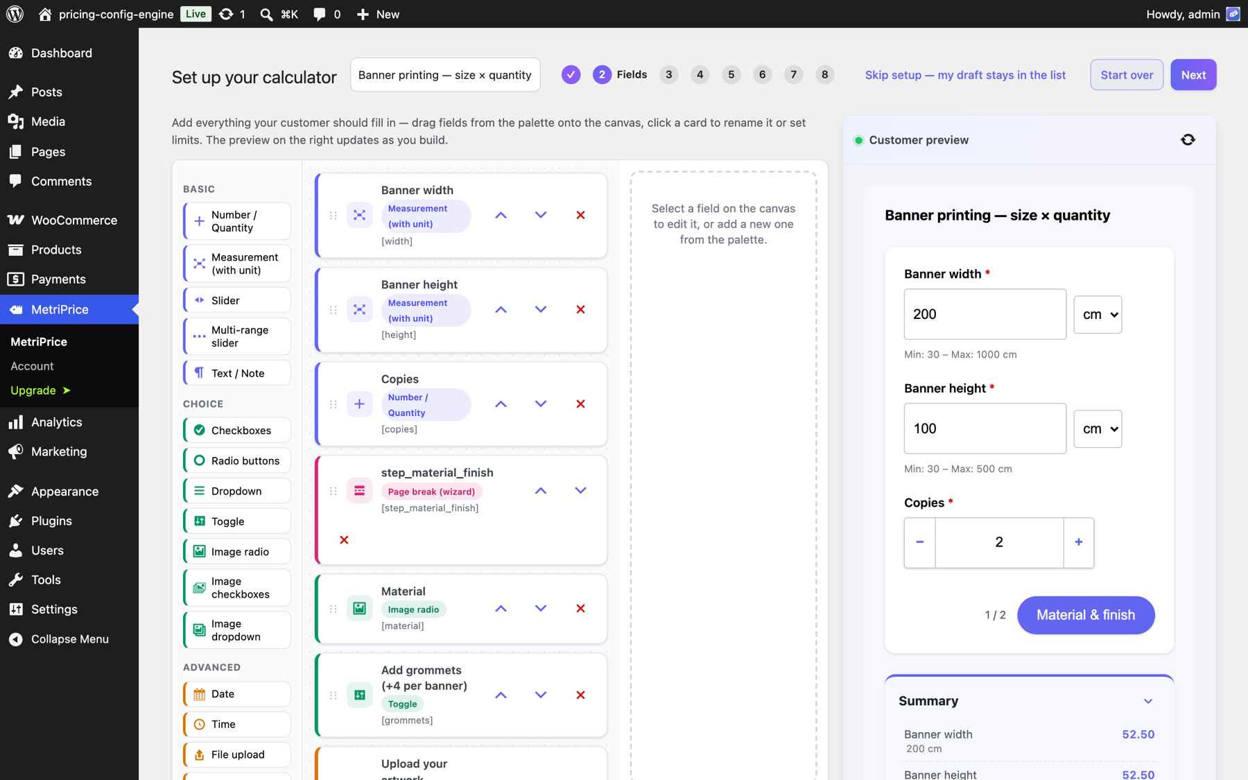 MetriPrice setup wizard on the Fields step: palette, canvas and a live customer preview with real prices